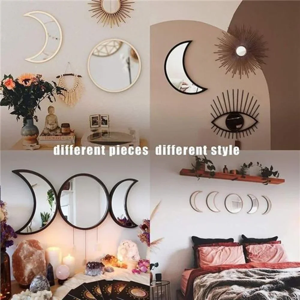 Moon Phase Mirror Set, 5 Piece Scandinavian Natural Decor Wall Decorative Mirror